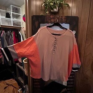 Free People, Colorblock Button Henley Top in Tan and Orange